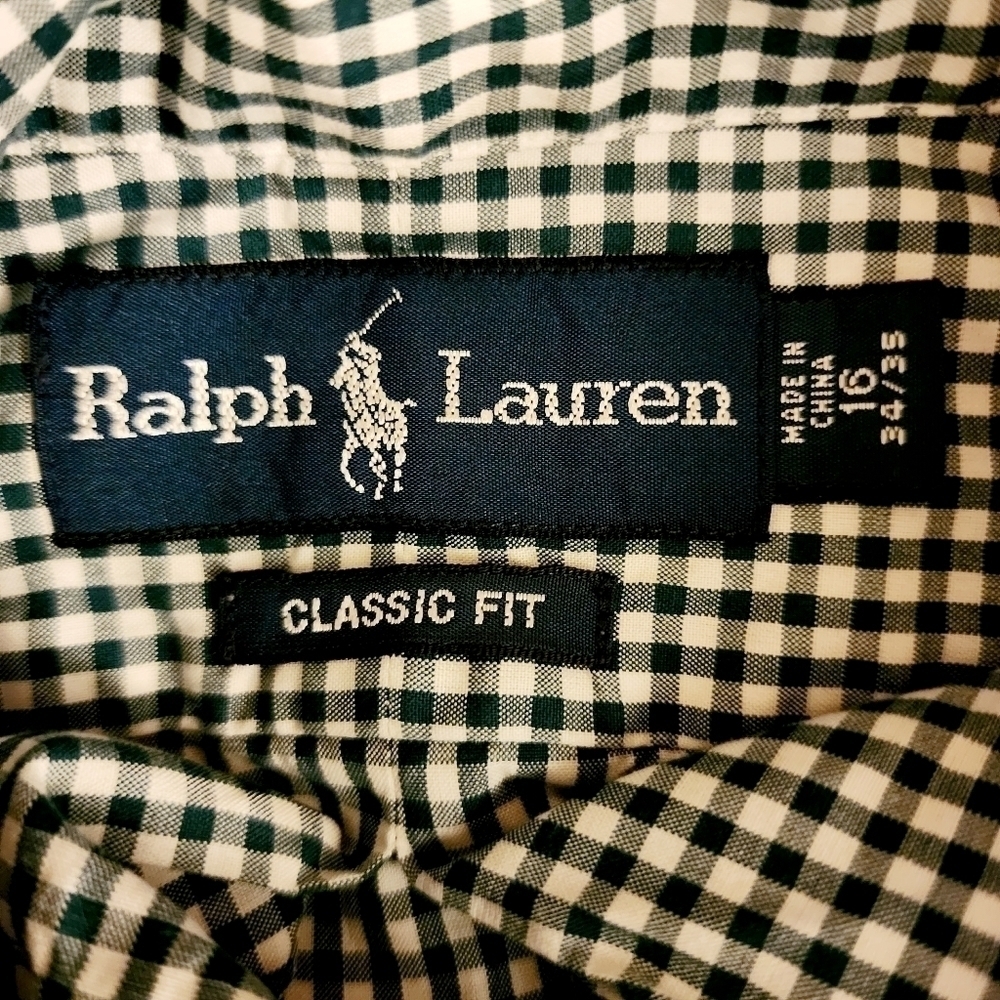 Ralph Lauren Gingham Plaid Button Down Shirt Classic Fit 16 34/35 Green White - Picture 5 of 7